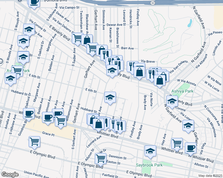 map of restaurants, bars, coffee shops, grocery stores, and more near 553 Leonard Avenue in East Los Angeles