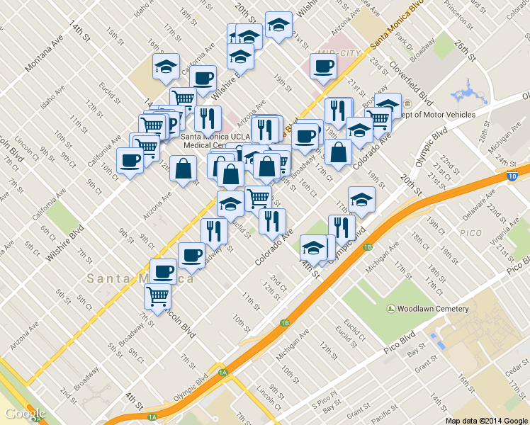map of restaurants, bars, coffee shops, grocery stores, and more near 1507 14th Street in Santa Monica
