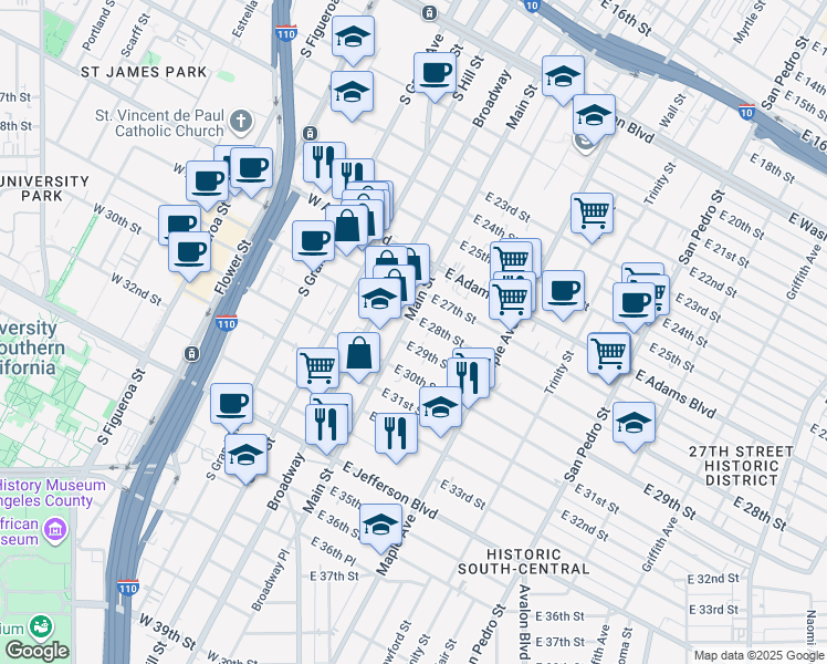 map of restaurants, bars, coffee shops, grocery stores, and more near 2722 South Main Street in Los Angeles