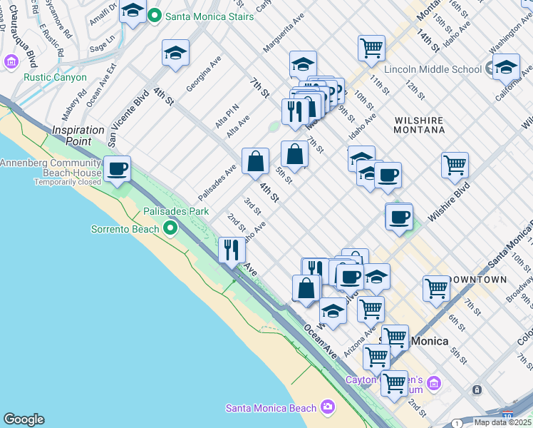 map of restaurants, bars, coffee shops, grocery stores, and more near 855 3rd Street in Santa Monica
