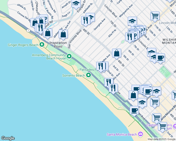 map of restaurants, bars, coffee shops, grocery stores, and more near 605 Pacific Coast Highway in Santa Monica