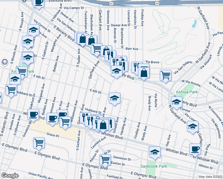 map of restaurants, bars, coffee shops, grocery stores, and more near 556 Bradshawe Avenue in East Los Angeles