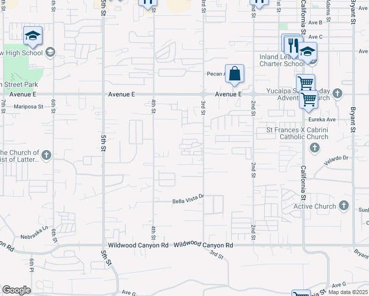 map of restaurants, bars, coffee shops, grocery stores, and more near 12710 3rd Street in Yucaipa