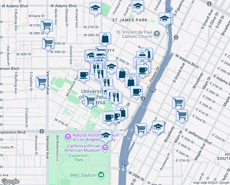 map of restaurants, bars, coffee shops, grocery stores, and more near 754 West Jefferson Boulevard in Los Angeles