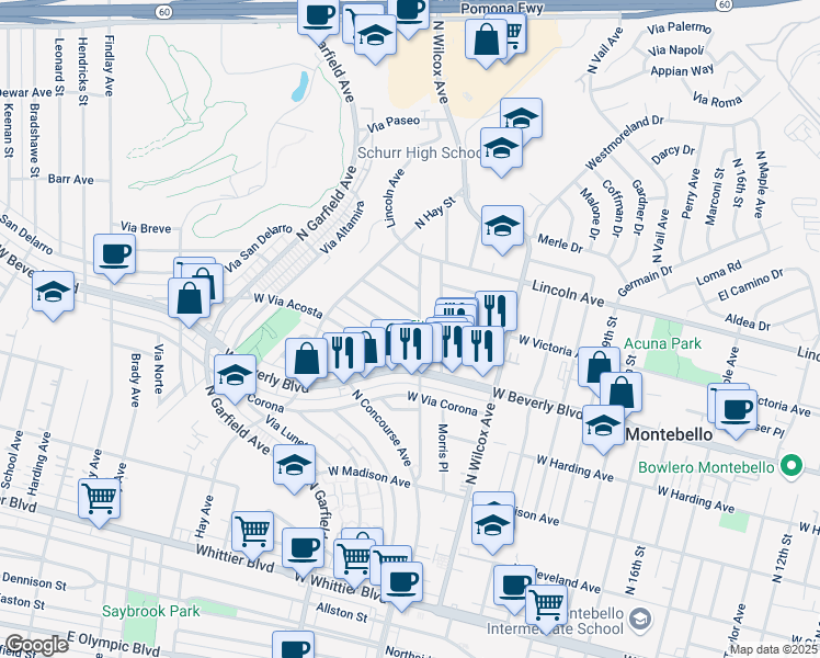 map of restaurants, bars, coffee shops, grocery stores, and more near 2420 West Via Lucia in Montebello