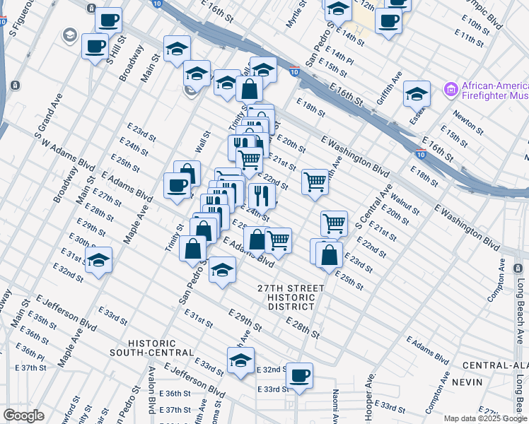 map of restaurants, bars, coffee shops, grocery stores, and more near 836 East 23rd Street in Los Angeles