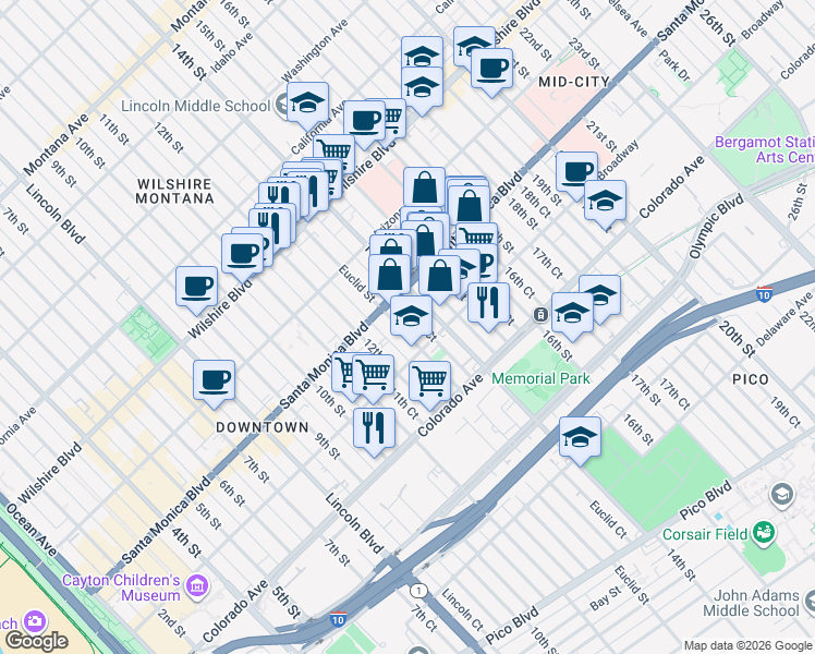 map of restaurants, bars, coffee shops, grocery stores, and more near 1433 Euclid Street in Santa Monica
