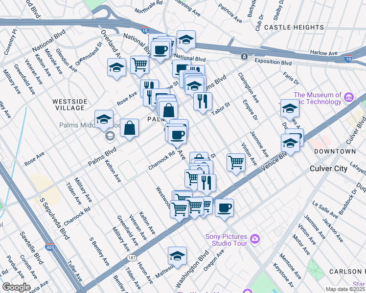map of restaurants, bars, coffee shops, grocery stores, and more near 3614 Overland Avenue in Los Angeles