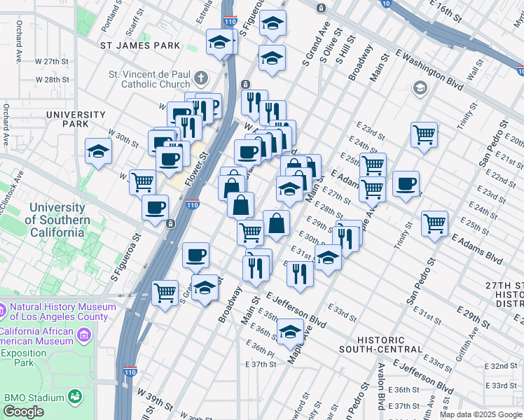 map of restaurants, bars, coffee shops, grocery stores, and more near 151 West 30th Street in Los Angeles