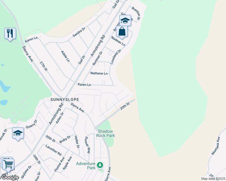 map of restaurants, bars, coffee shops, grocery stores, and more near 6590 Karen Lane in Riverside