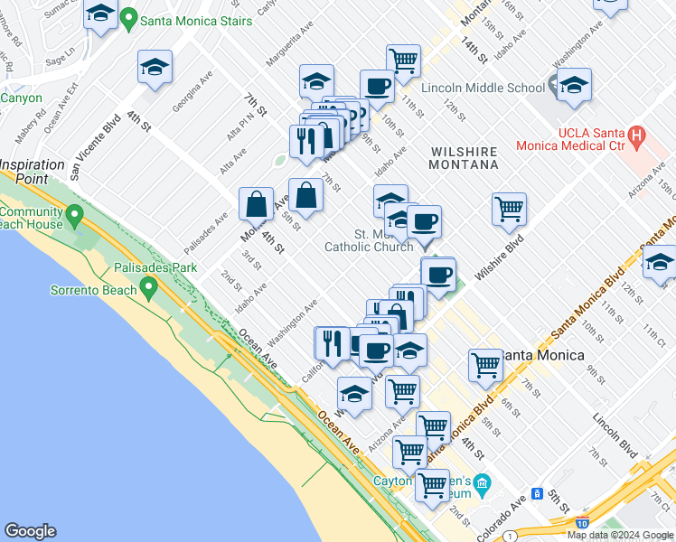 map of restaurants, bars, coffee shops, grocery stores, and more near 956 5th Street in Santa Monica
