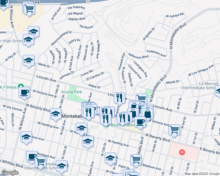 map of restaurants, bars, coffee shops, grocery stores, and more near 712 North Taylor Avenue in Montebello