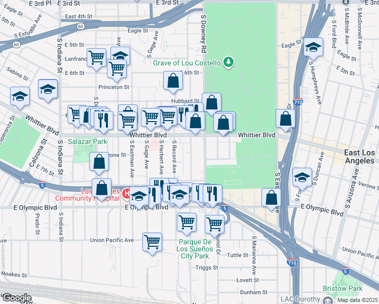 map of restaurants, bars, coffee shops, grocery stores, and more near 940 South Record Avenue in Los Angeles