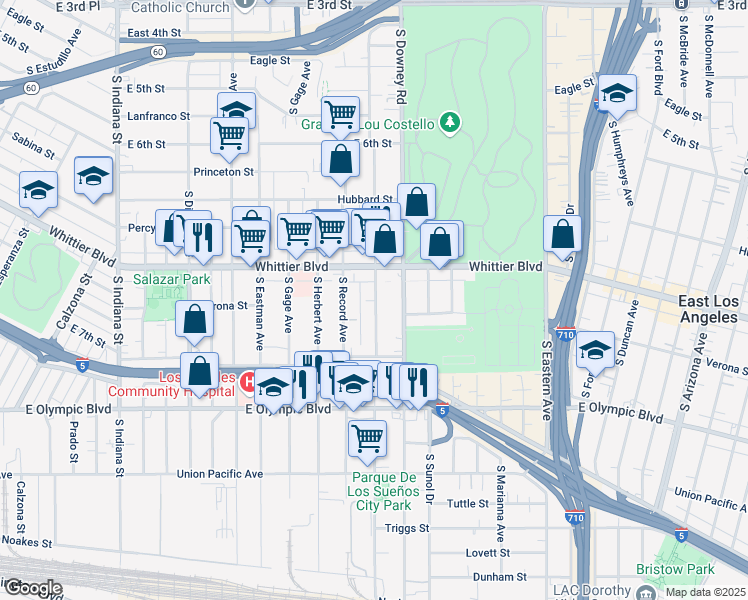 map of restaurants, bars, coffee shops, grocery stores, and more near 943 1/2 South Bonnie Beach Place in Los Angeles