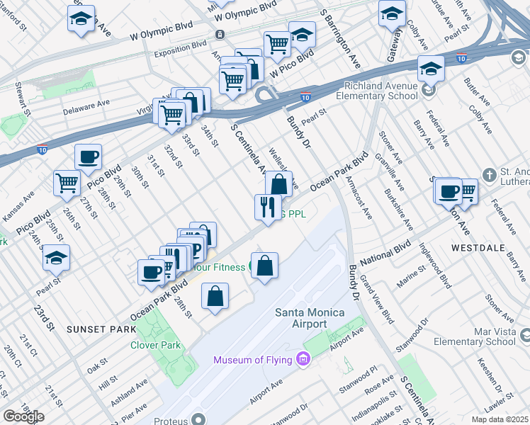 map of restaurants, bars, coffee shops, grocery stores, and more near 2683 34th Street in Santa Monica