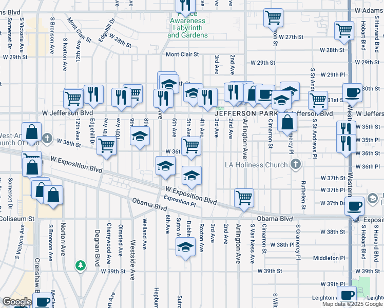 map of restaurants, bars, coffee shops, grocery stores, and more near 3600 5th Avenue in Los Angeles