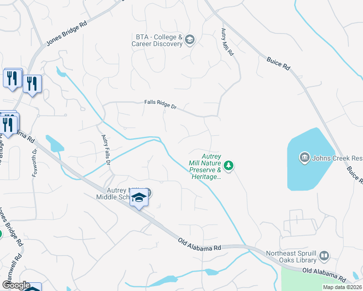 map of restaurants, bars, coffee shops, grocery stores, and more near 370 Falls Point Trail in Alpharetta