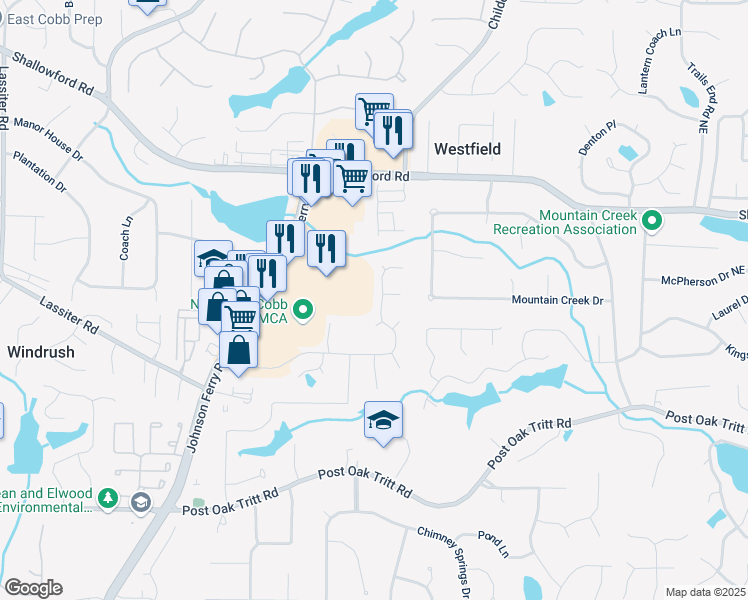map of restaurants, bars, coffee shops, grocery stores, and more near 4451 Freeman Road in Marietta