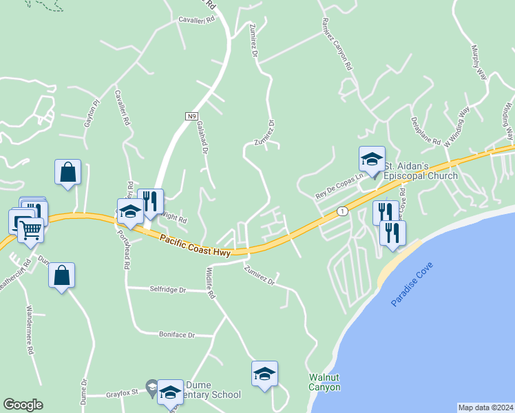 map of restaurants, bars, coffee shops, grocery stores, and more near 6363 Zumirez Drive in Malibu