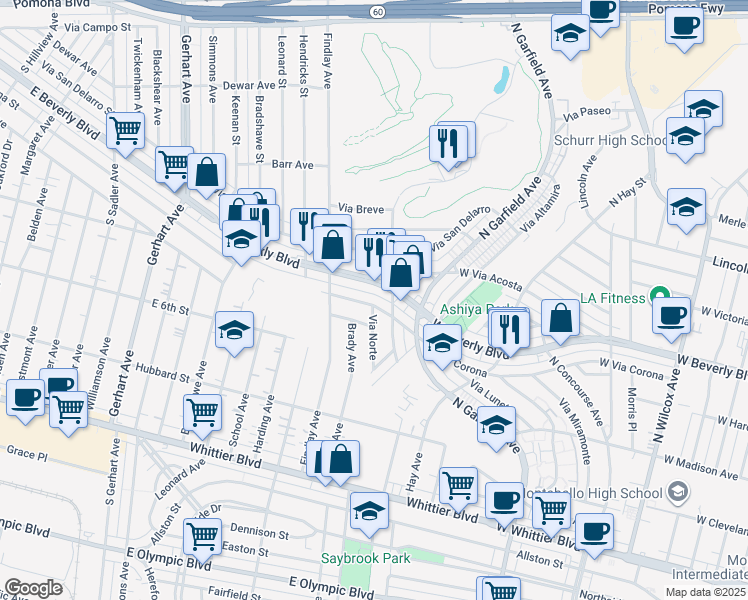 map of restaurants, bars, coffee shops, grocery stores, and more near 3016 West Via Corona in Montebello