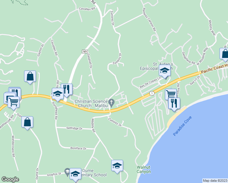 map of restaurants, bars, coffee shops, grocery stores, and more near 6363 Zumirez Drive in Malibu