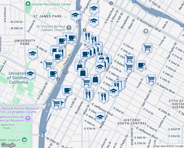 map of restaurants, bars, coffee shops, grocery stores, and more near 151 West 30th Street in Los Angeles