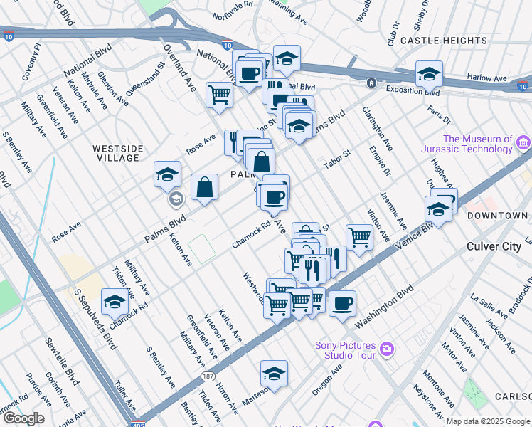 map of restaurants, bars, coffee shops, grocery stores, and more near 10700 Tabor Street in Los Angeles