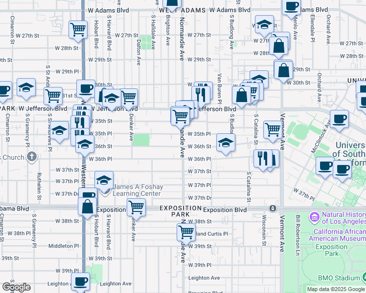 map of restaurants, bars, coffee shops, grocery stores, and more near S Normandie Ave & W 36th St in Los Angeles