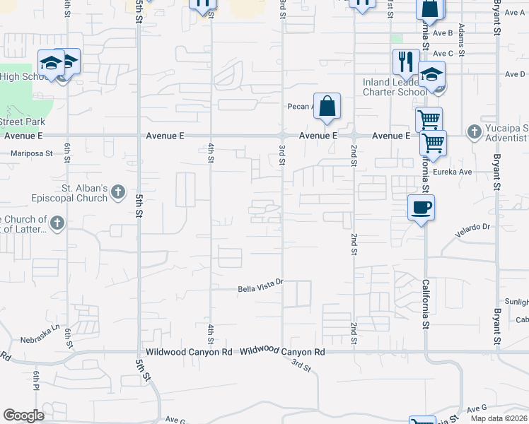map of restaurants, bars, coffee shops, grocery stores, and more near 12710 3rd Street in Yucaipa