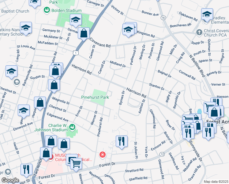 map of restaurants, bars, coffee shops, grocery stores, and more near 38 Delane Drive in Columbia