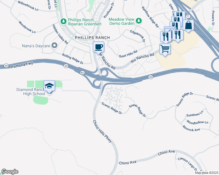 map of restaurants, bars, coffee shops, grocery stores, and more near 25 Rock Cliff Place in Pomona