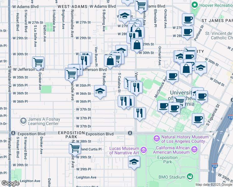 map of restaurants, bars, coffee shops, grocery stores, and more near 1201 West 36th Street in Los Angeles