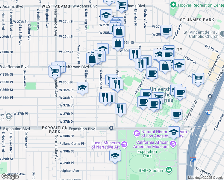 map of restaurants, bars, coffee shops, grocery stores, and more near 3601 Vermont Avenue in Los Angeles