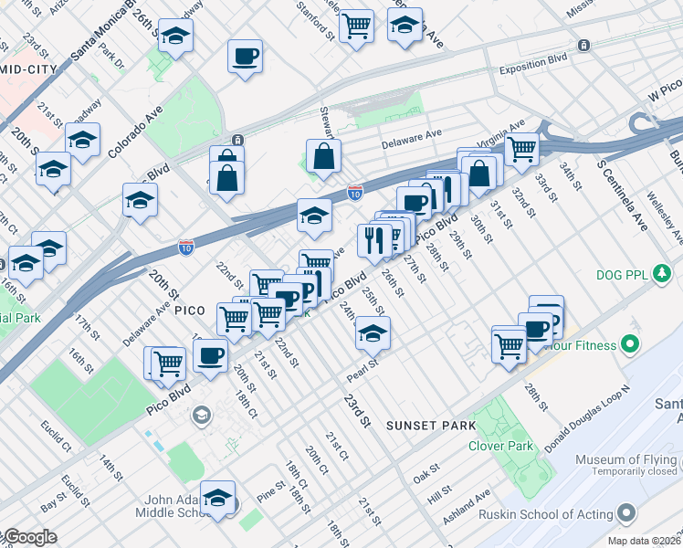 map of restaurants, bars, coffee shops, grocery stores, and more near 2501 Pico Boulevard in Santa Monica