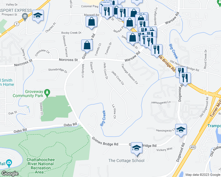 map of restaurants, bars, coffee shops, grocery stores, and more near 215 Jade Cove Drive in Roswell