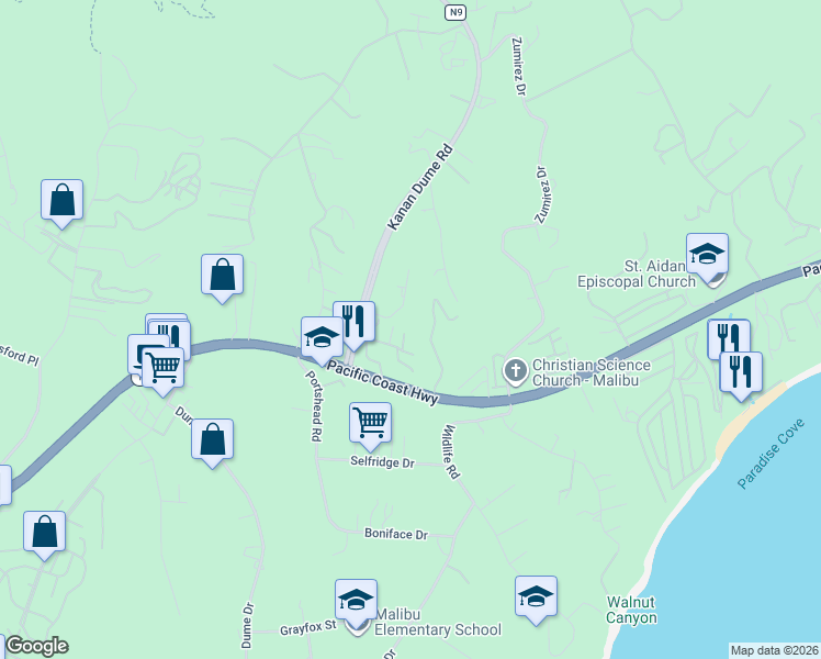map of restaurants, bars, coffee shops, grocery stores, and more near 28907 Wight Road in Malibu
