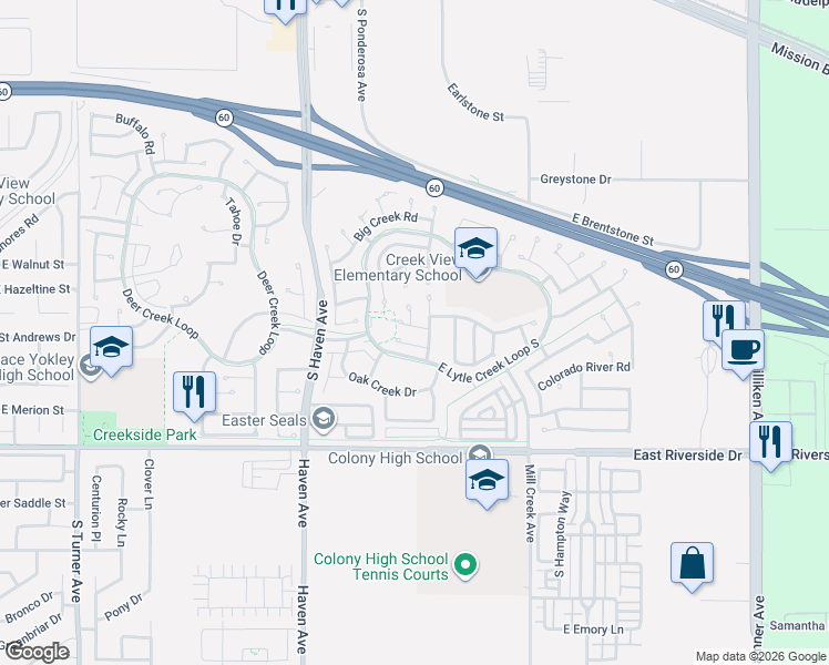 map of restaurants, bars, coffee shops, grocery stores, and more near 3652 Caribou Creek Court in Ontario