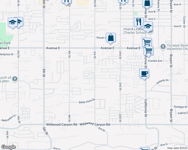 map of restaurants, bars, coffee shops, grocery stores, and more near 12690 3rd Street in Yucaipa