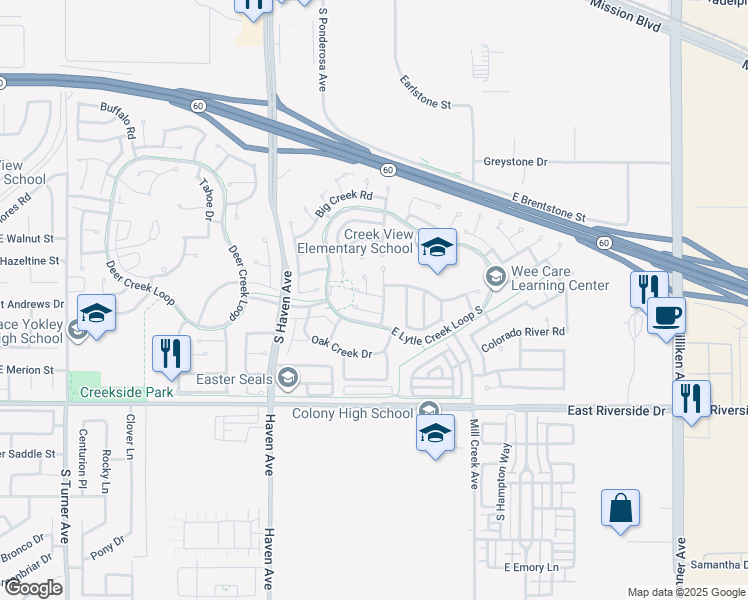 map of restaurants, bars, coffee shops, grocery stores, and more near 2745 Bear Creek Place in Ontario