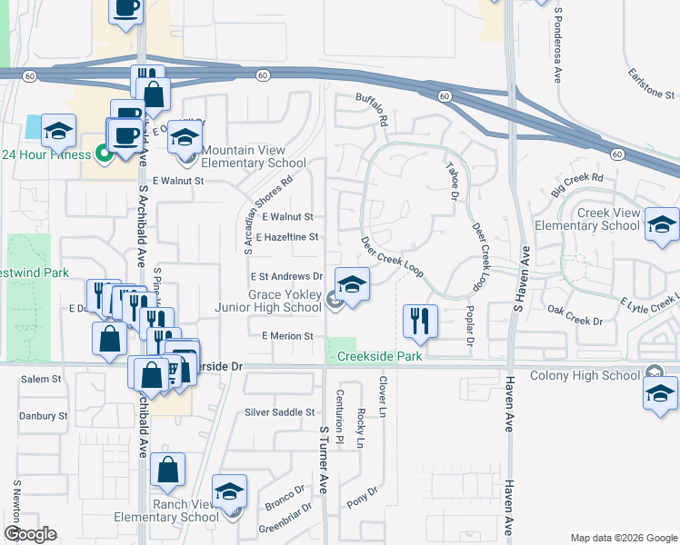 map of restaurants, bars, coffee shops, grocery stores, and more near 2766 Rippling Brook Place in Ontario