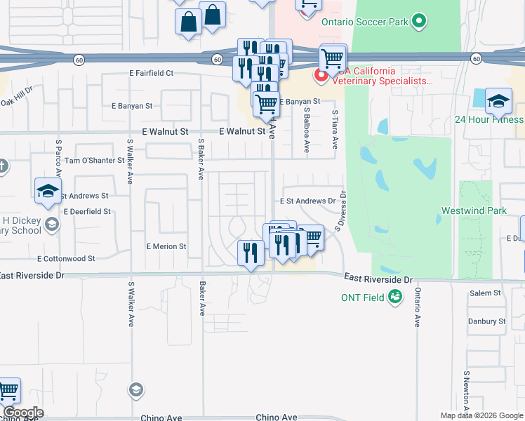 map of restaurants, bars, coffee shops, grocery stores, and more near 1855 East Riverside Drive in Ontario