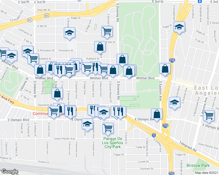 map of restaurants, bars, coffee shops, grocery stores, and more near 940 South Record Avenue in Los Angeles