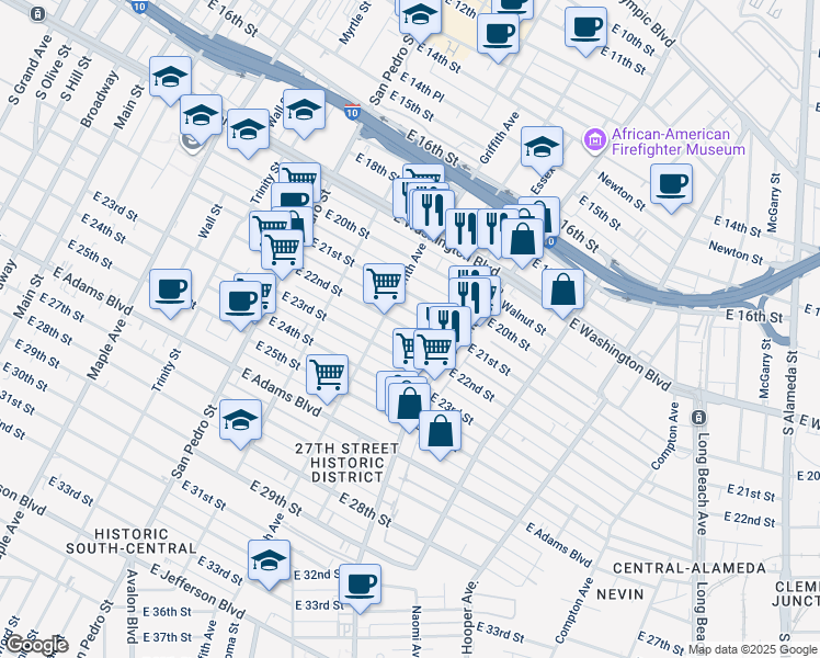 map of restaurants, bars, coffee shops, grocery stores, and more near 1151 East 22nd Street in Los Angeles
