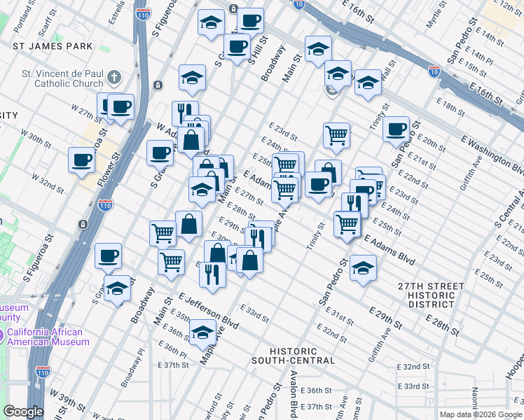 map of restaurants, bars, coffee shops, grocery stores, and more near 220 East 27th Street in Los Angeles