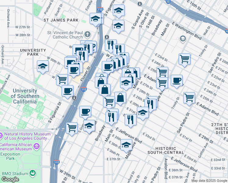 map of restaurants, bars, coffee shops, grocery stores, and more near 151 West 30th Street in Los Angeles