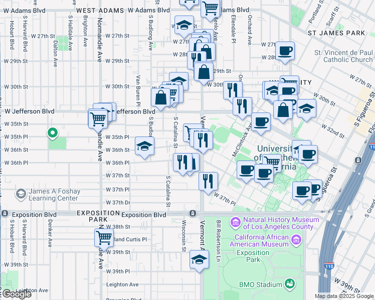 map of restaurants, bars, coffee shops, grocery stores, and more near 1138 West 36th Street in Los Angeles