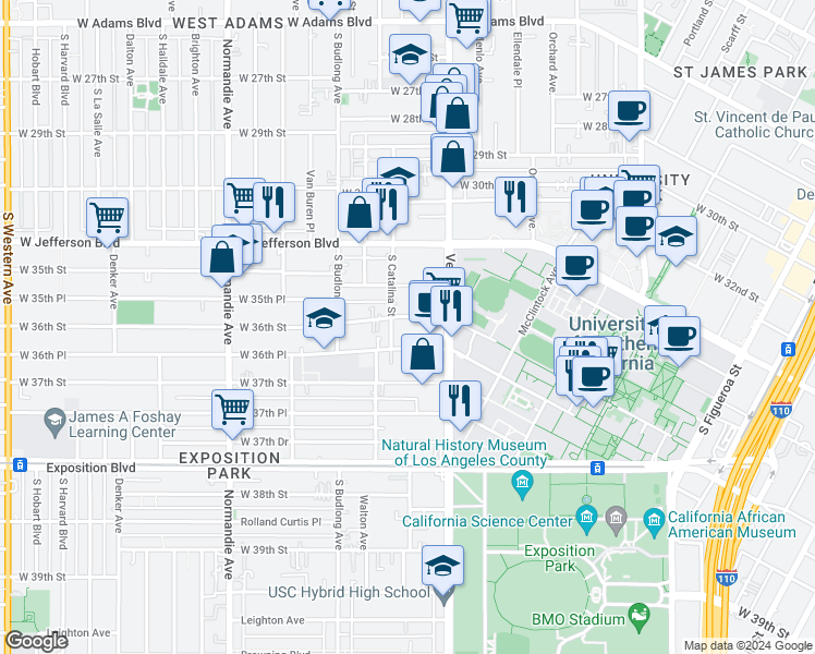 map of restaurants, bars, coffee shops, grocery stores, and more near 1138 West 36th Street in Los Angeles