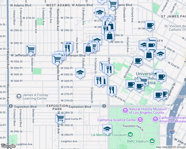 map of restaurants, bars, coffee shops, grocery stores, and more near 1201 West 36th Street in Los Angeles