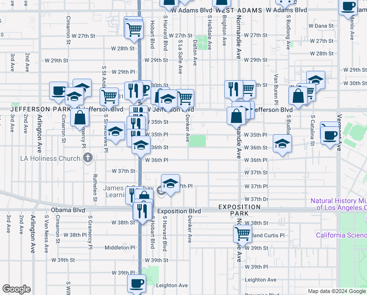 map of restaurants, bars, coffee shops, grocery stores, and more near 1559 West 36th Street in Los Angeles
