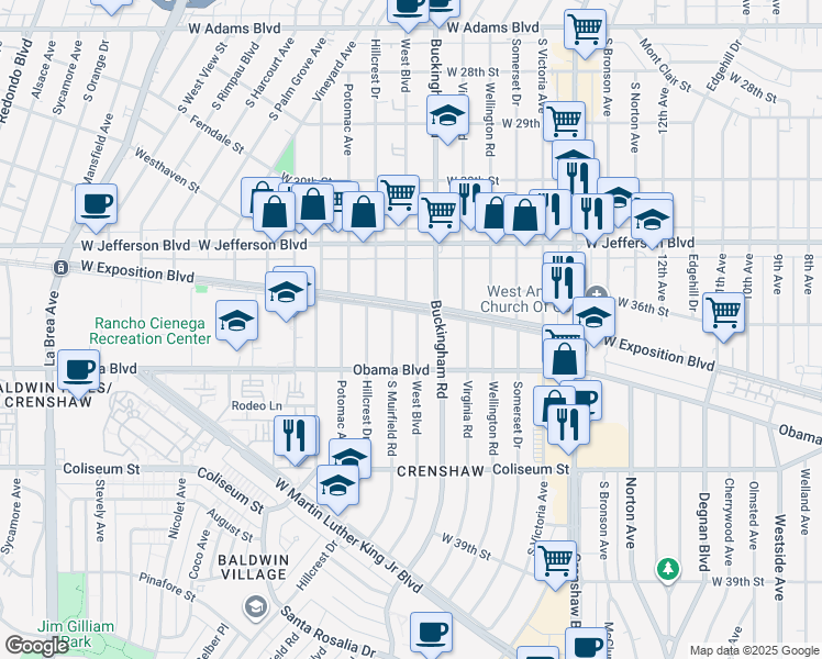 map of restaurants, bars, coffee shops, grocery stores, and more near 3506 West Boulevard in Los Angeles